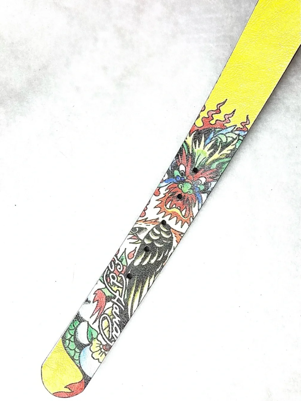 Ed Hardy Reversible Mens Belt 36 Tattoo Graphic Black Yellow Dragon Buckle NWT